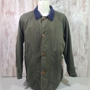 Men's Vintage Lands' End barn chore field coat Khaki green plaid lining Large